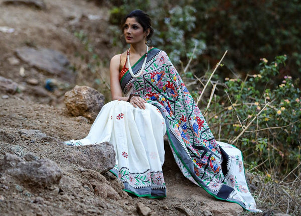 HAND PAINTED MADHUBANI COTTON SAREE WITH ALL OVER PAINTING