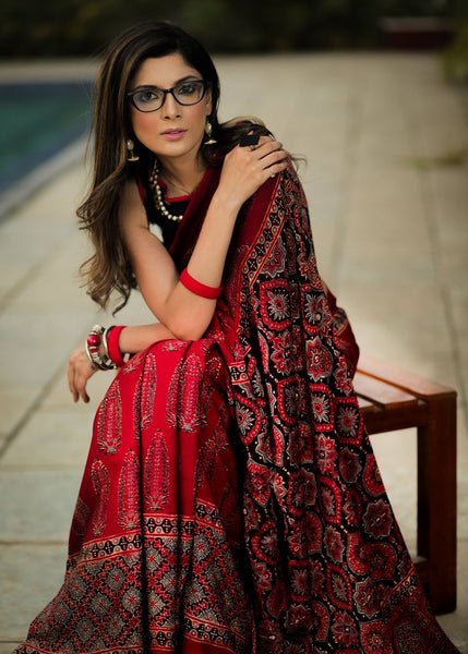 PURE MODAL SILK AJRAKH BLOCK PRINTED MAROON DESIGNER SAREE