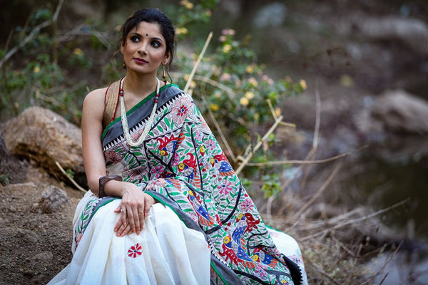 HAND PAINTED MADHUBANI COTTON SAREE WITH ALL OVER PAINTING