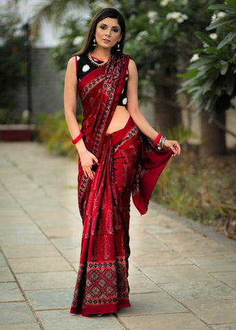 PURE MODAL SILK AJRAKH BLOCK PRINTED MAROON DESIGNER SAREE