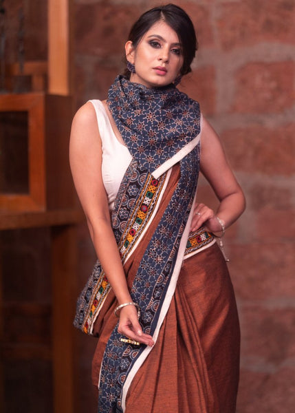 RUST HANDLOOM COTTON AND AJRAKH COMBINATION SAREE WITH KUTCHI MIRRORWORK BORDER
