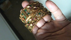 Pair Of Gold Plated Kada Bangles with Multicolor Kundan Stone