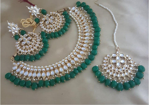 Gold Plated Kundan Choker Necklace Set With Green Beads & Matching Mang Tika & Earrings