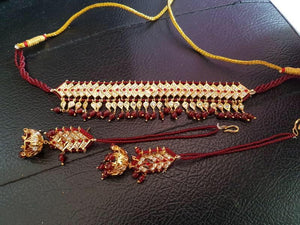 Gold Colored Jaddau Set Choker Necklace Set with red Stones & Beads & Matching Earrings