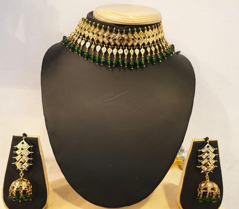 Gold Colored Jaddau Set Choker Necklace Set with Green Stones & Beads & Matching Earrings