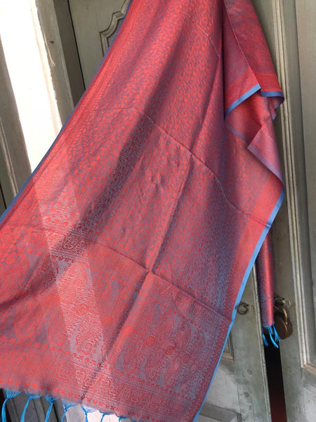 Red with Blue Border Pure Silk Dupatta/Stole