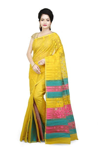 Yellow, with Pink and Aqua Pallu Designer Jamdani Dhakai Saree