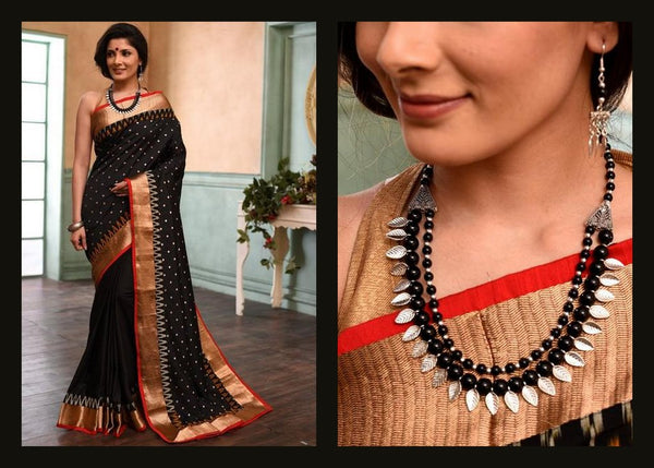 BLACK TAFETA SAREE WITH BUTA ALL OVER WITH IKAT BORDER & FRENCH CREPE PLEATS