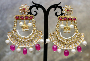 Gold Plated Kundan Earrings with Maroon Regular Stones & White Pearls & Pink Beads