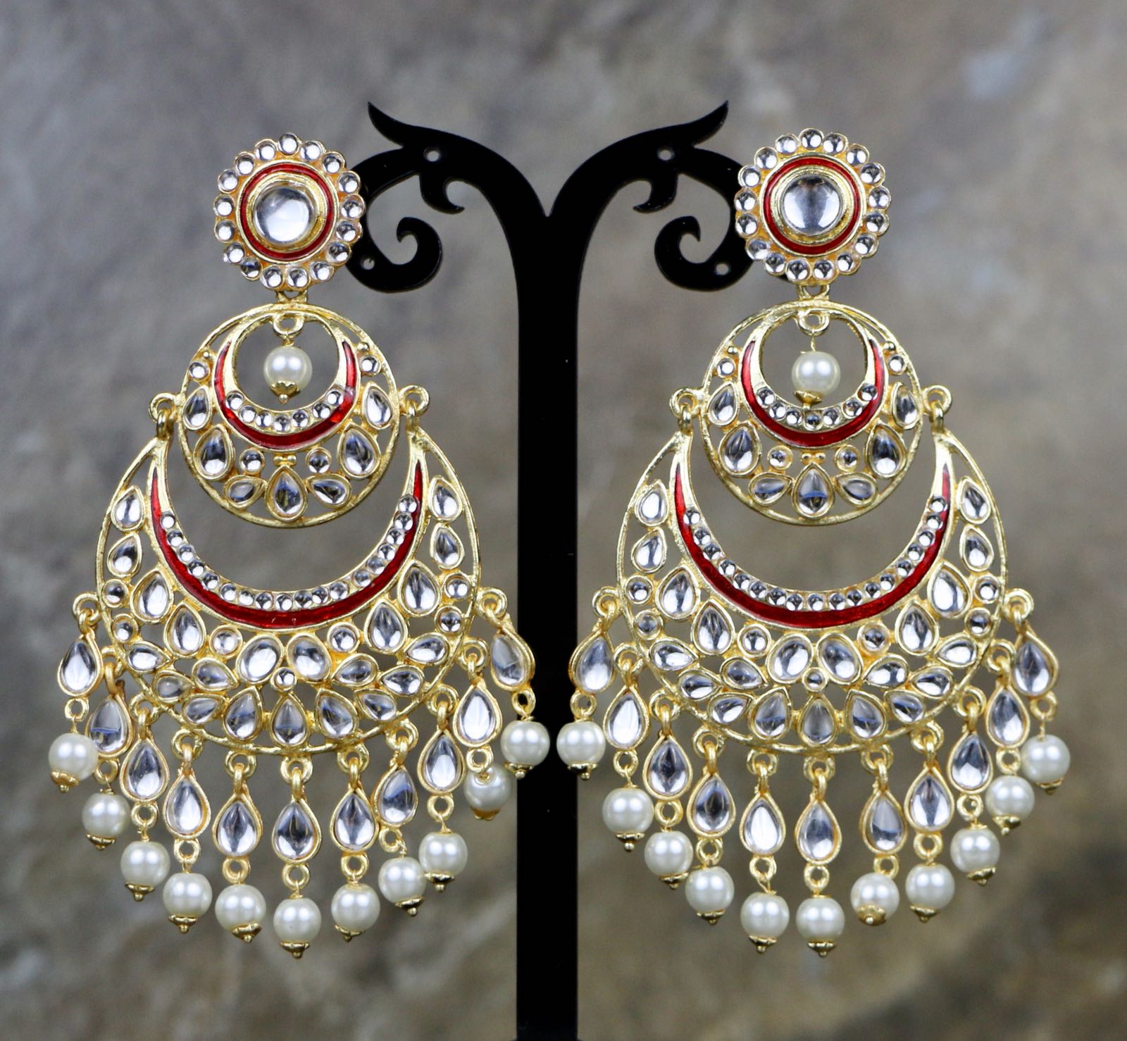 Red Colored Kundan Dangler Earrings