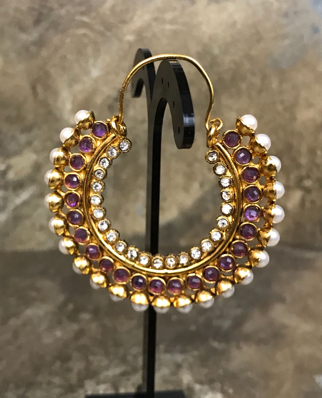 Gold Plated Purple Stone Chandbali Earrings