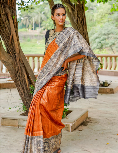 RUST PURE GHICHA SILK HANDPAINTED MADHUBANI SAREE