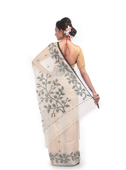 Off-White with Black Floral Border Ethnic Resham Silk Muslin Saree
