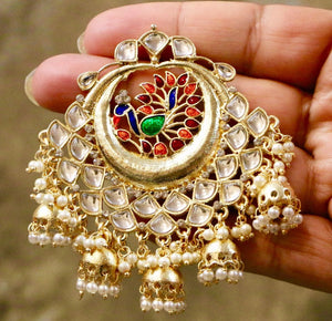 Gold Plated Kundan Enameled Jhumka Earrings with Red & Green & Blue Peacock Shaped Semi Precious Stones & White Pearls