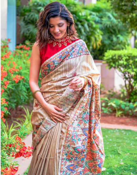GHICHA SILK HANDPAINTED MADHUBANI SAREE
