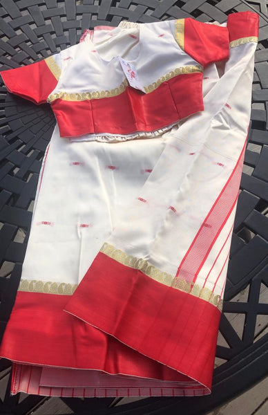 Girls Ethnic White & Red Silk Pre Stitched Saree