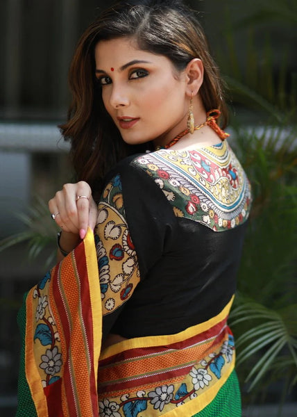 GREEN KHUN SAREE WITH HAND PAINTED KALAMKARI PATCH ON PALLU