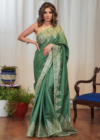 GREEN PRINTED VISCOSE SAREE