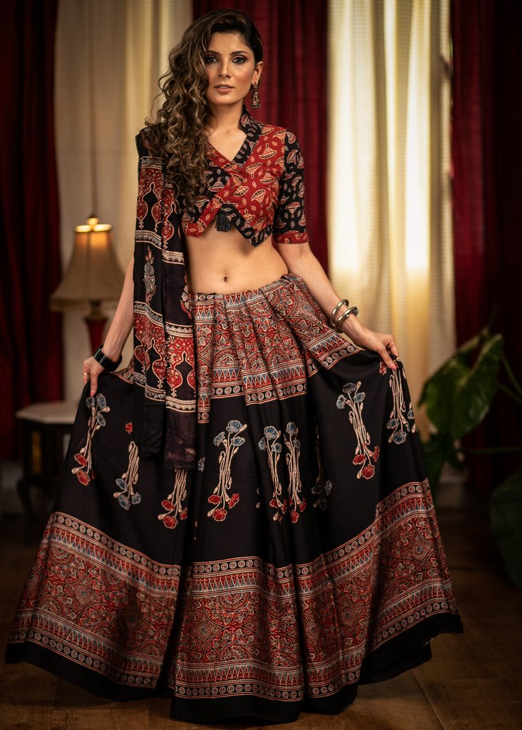 MODAL SILK HAND BLOCK PRINTED BLACK AJRAKH SAREE