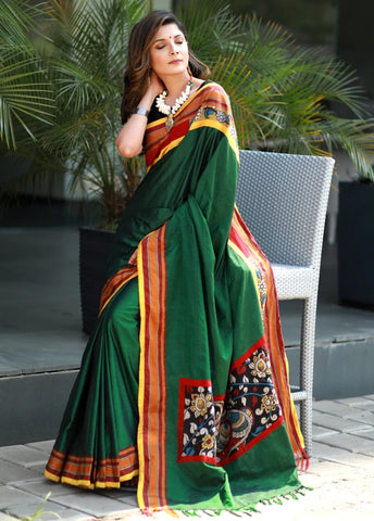 GREEN KHUN SAREE WITH HAND PAINTED KALAMKARI PATCH ON PALLU