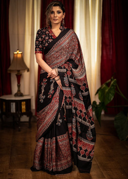 MODAL SILK HAND BLOCK PRINTED BLACK AJRAKH SAREE