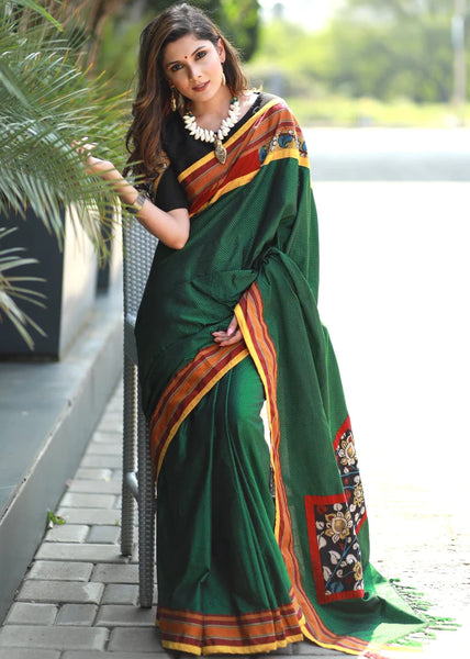 GREEN KHUN SAREE WITH HAND PAINTED KALAMKARI PATCH ON PALLU