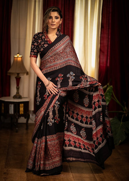 MODAL SILK HAND BLOCK PRINTED BLACK AJRAKH SAREE