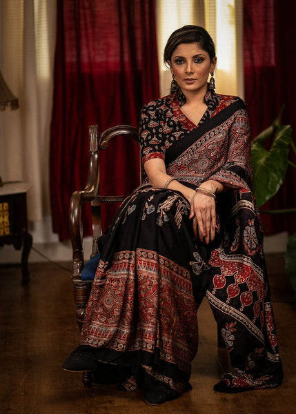 MODAL SILK HAND BLOCK PRINTED BLACK AJRAKH SAREE