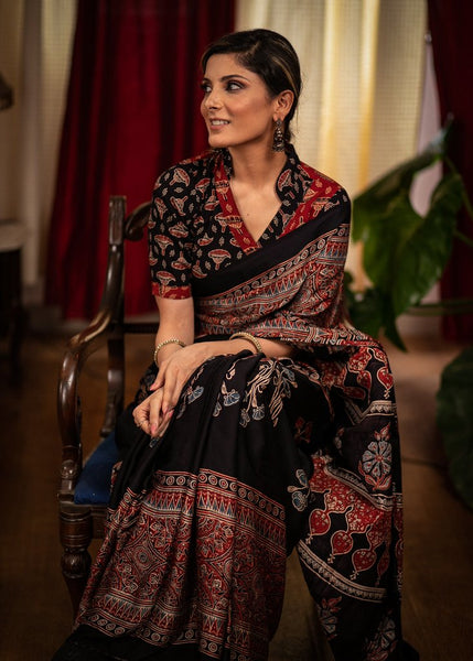 MODAL SILK HAND BLOCK PRINTED BLACK AJRAKH SAREE
