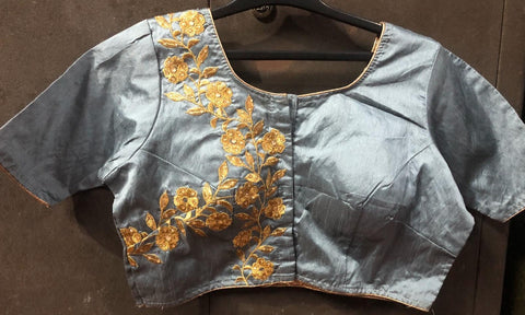 Grey Front Hook Padded Blouse with Golden Embroidered Work