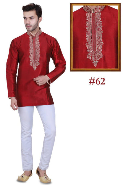 Red Colored Embroidered Art Raw Silk with Hand and Machine Work Mens Short Kurta