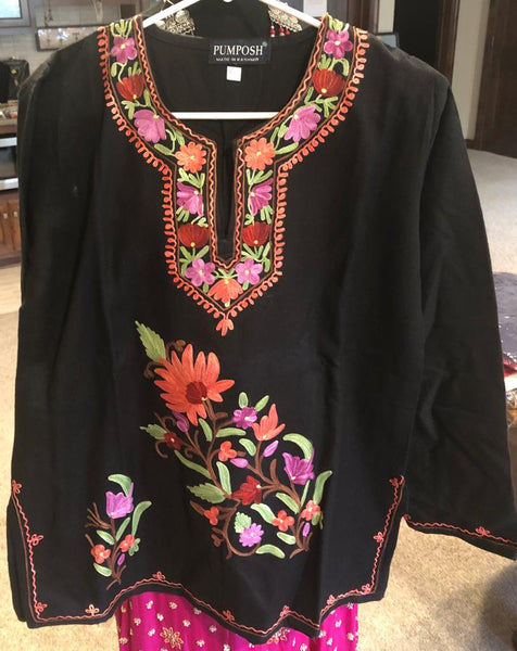 Black and Peach Pure Wool Kashmiri Embroidered Kurti