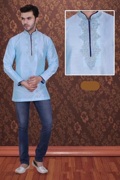 Sky Blue Colored Embroidered Art Raw Silk with Hand and Machine Work Mens Short Kurta