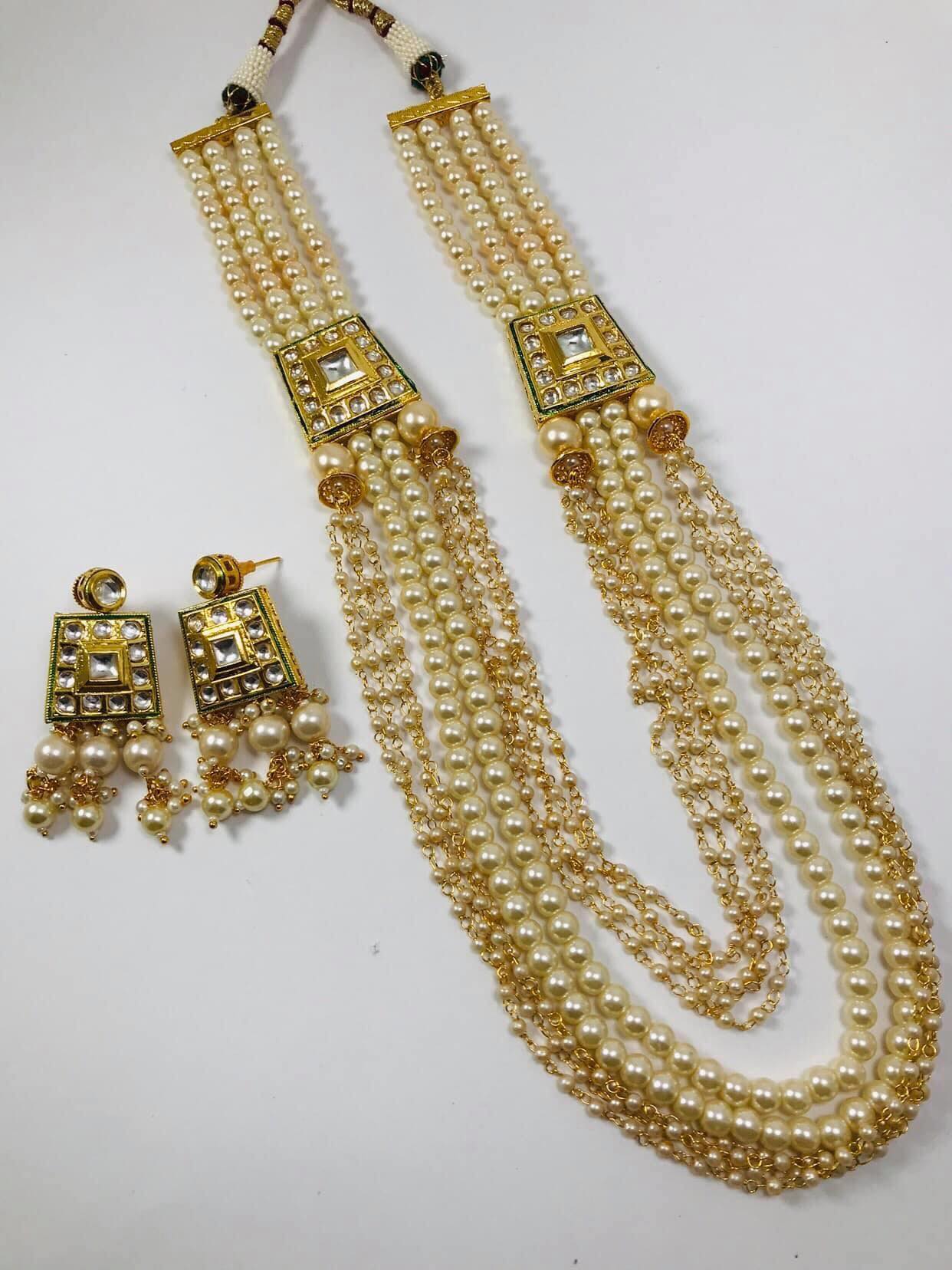 Gold Plated Multi Layered Pearl Studded Kundan Necklace Set with Matching Earrings