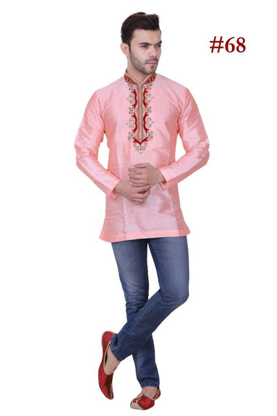 Pink Colored Embroidered Art Raw Silk with Hand and Machine Work Mens Short Kurta