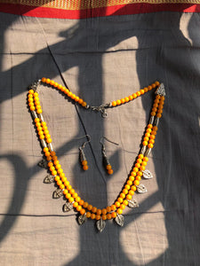 2 Layered Citric Orange & Silver Beaded Necklace with Earrings