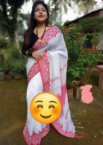 Agamoni Durga Puja Collection Red & White Khaadi Saree