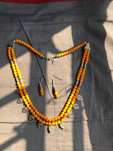 2 Layered Citric Orange & Silver Beaded Necklace with Earrings