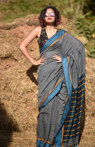 Grey Handloom Cotton Saree