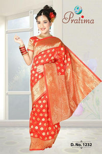 Girl's Ethnic Annaprashan Bengali style Banarasi Red Ready to Wear Pre-stitched Saree
