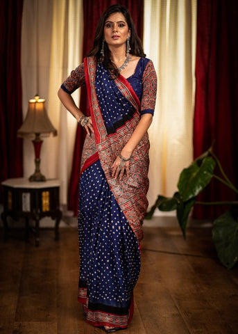 NAVY BLUE MODAL SILK BANDHEJ SAREE WITH AJRAKH BLOCK PRINTED BORDER & PALLU