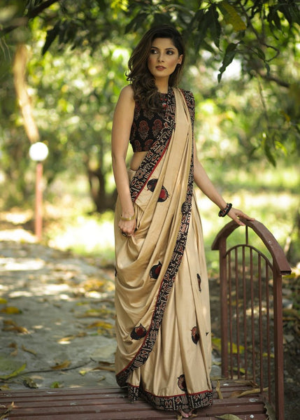 SEMI SILK SAREE WITH APPLIC WORK WITH AJRAKH DESIGN