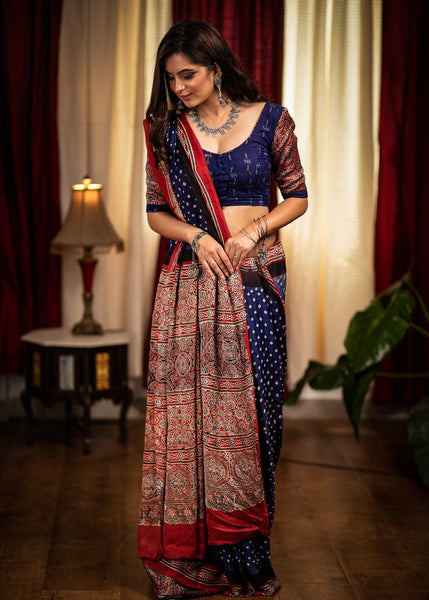 NAVY BLUE MODAL SILK BANDHEJ SAREE WITH AJRAKH BLOCK PRINTED BORDER & PALLU