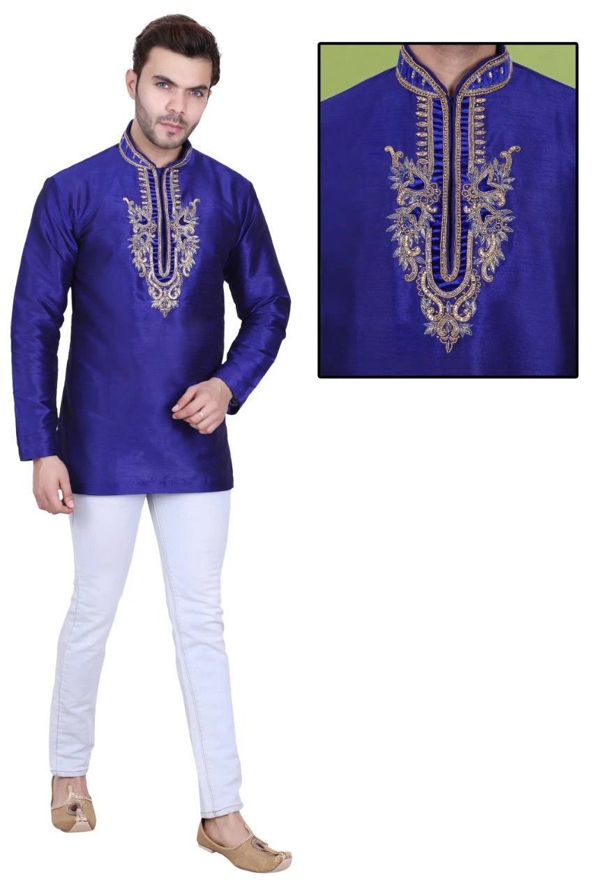 Deep Blue Colored Embroidered Art Raw Silk with Hand and Machine Work Mens Short Kurta