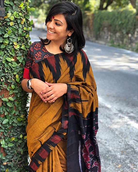 Ikat Hand Block Print Jaipuri Pure Soft Cotton Mulmul Saree with Blouse Piece