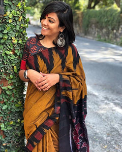 Ikat Hand Block Print Jaipuri Pure Soft Cotton Mulmul Saree with Blouse Piece