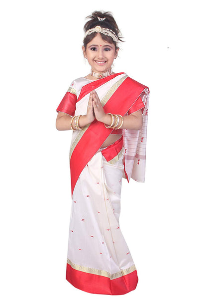 Girls Ethnic White & Red Silk Pre Stitched Saree