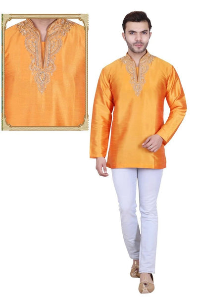 Mustard Yellow Colored Embroidered Art Raw Silk with Hand and Machine Work Mens Short Kurta