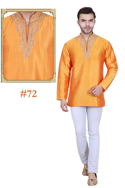 Mustard Yellow Colored Embroidered Art Raw Silk with Hand and Machine Work Mens Short Kurta