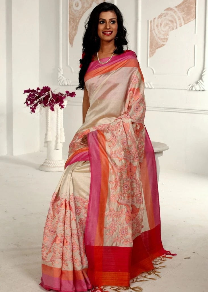 INTRICATE EMBROIDERY ALL OVER ON BEIGE SEMI SILK SAREE